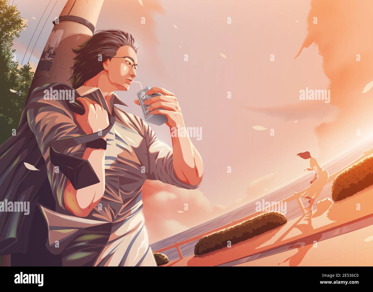 illustrazione vettoriale in stile anime dell'uomo d'ufficio casualmente rilassarsi al porto e rubare uno sguardo al signora che seduta e che ha pasto vicino Illustrazione Vettoriale