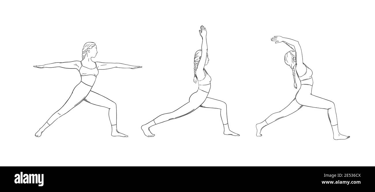 Il guerriero dello Yoga pone o virabhadrasana i e II Donna che pratica yoga per il miglioramento dell'equilibrio. Illustrazione vettoriale dello schizzo disegnata a mano isolata in bianco Illustrazione Vettoriale