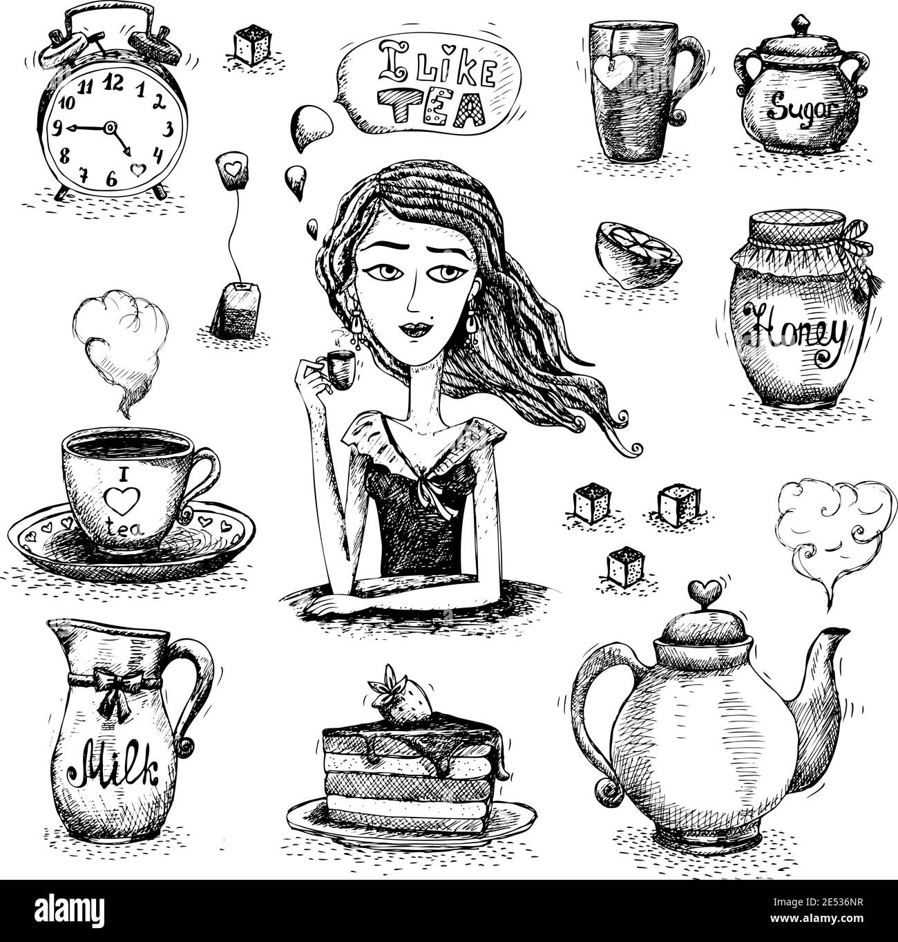 Set per il tè in scena con la ragazza illustrazione vettoriale Illustrazione Vettoriale