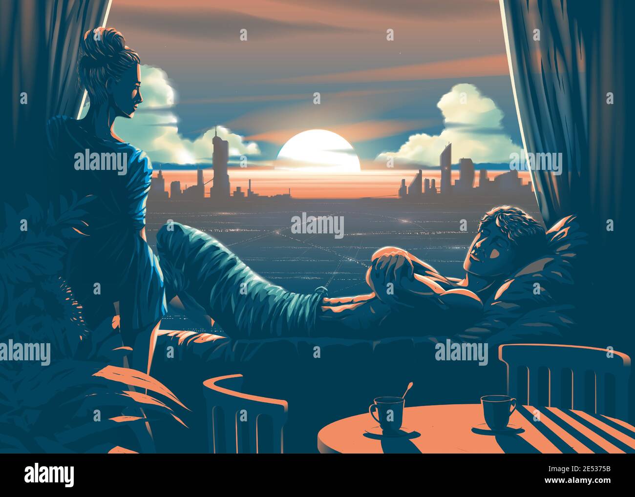 Illustrazione vettoriale dell'amante all'interno della stanza con un splendido tramonto di sera e la silhouette del città sullo sfondo Illustrazione Vettoriale