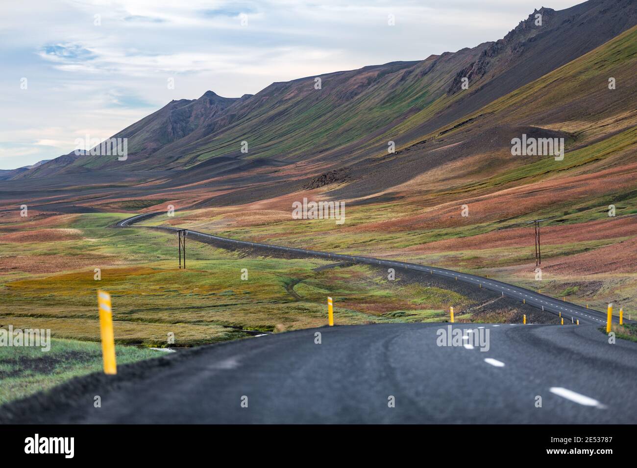 Paesaggio islandese con una strada che serpeggiante attraverso una colorata pendenza collina crestata e una pianura Foto Stock