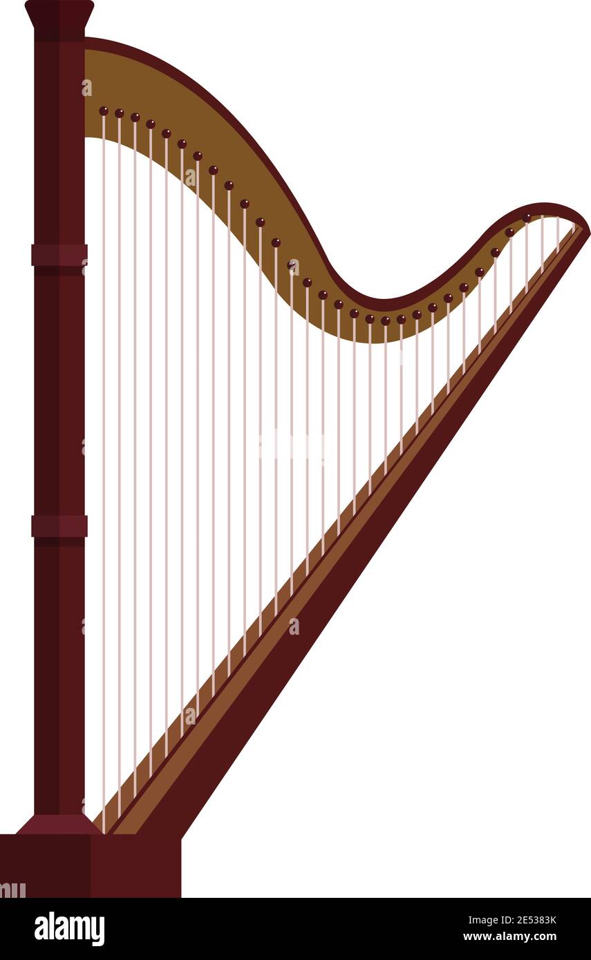 Arpa, icona della musica, immagine isolata con vettore piatto. Strumento musicale a corda. Illustrazione Vettoriale