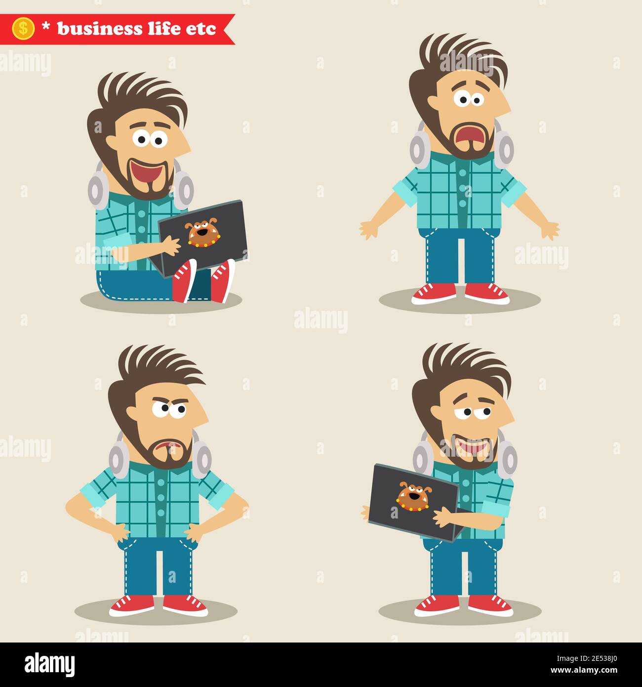 Vita dell'azienda. Giovani geek emozioni in pose, set permanente illustrazione vettoriale Illustrazione Vettoriale