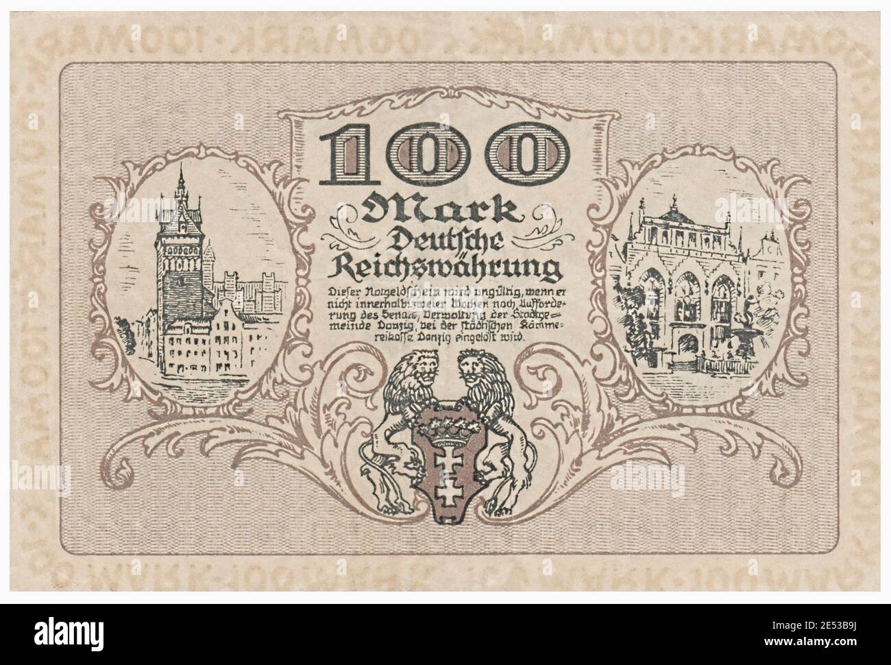 Banconota da Danzig (città) con denaro di emergenza (notgeld). 100 (DM). 1922 la città libera di Danzig (in tedesco: Freie Stadt Danzig; in polacco: Wolne Miasto Gda Foto Stock