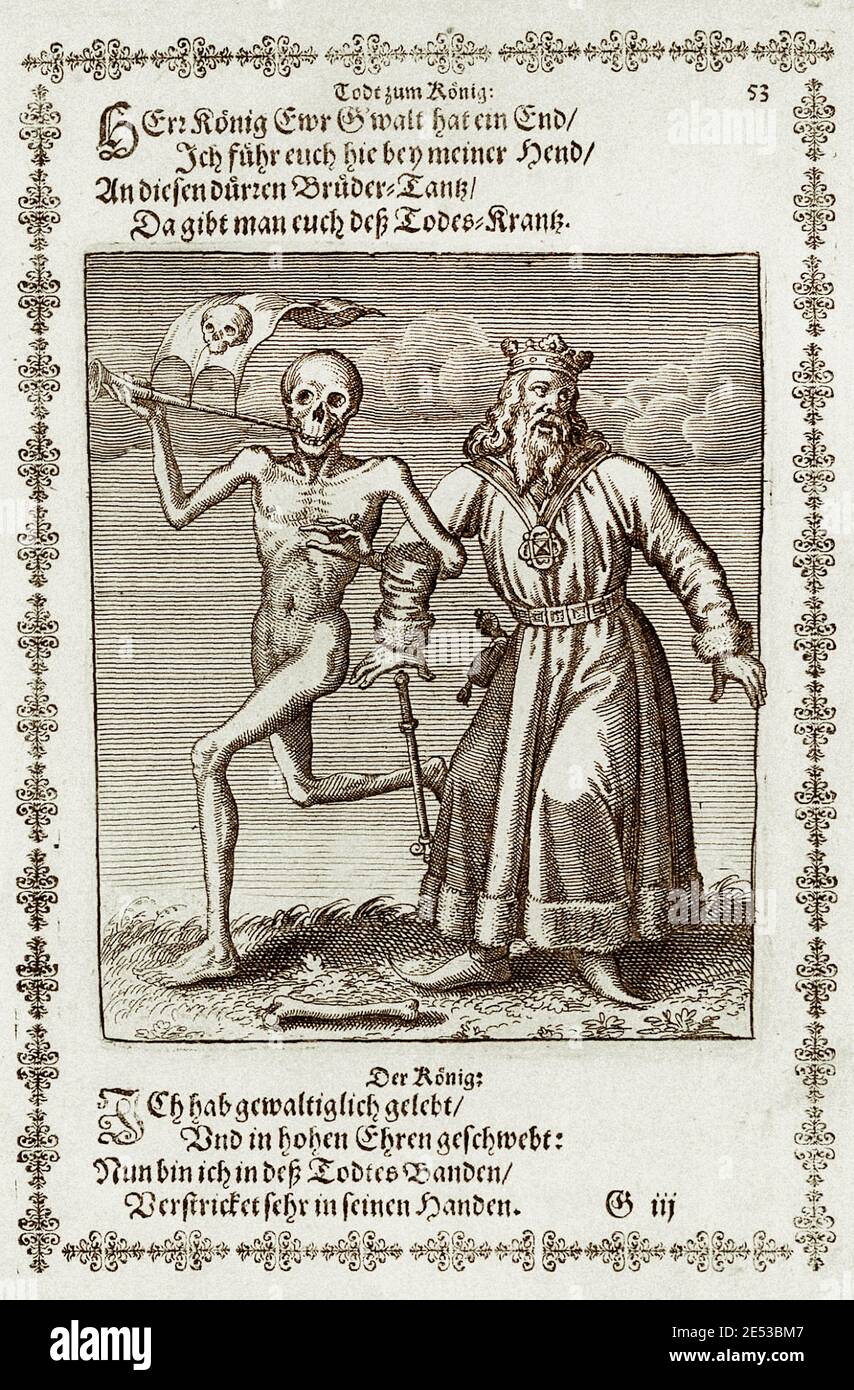 Il re dalla danza della morte di Basilea di Matthew Merian. Il Danse Macabre, chiamato anche Danza della morte, è un genere artistico di allegoria della la Foto Stock