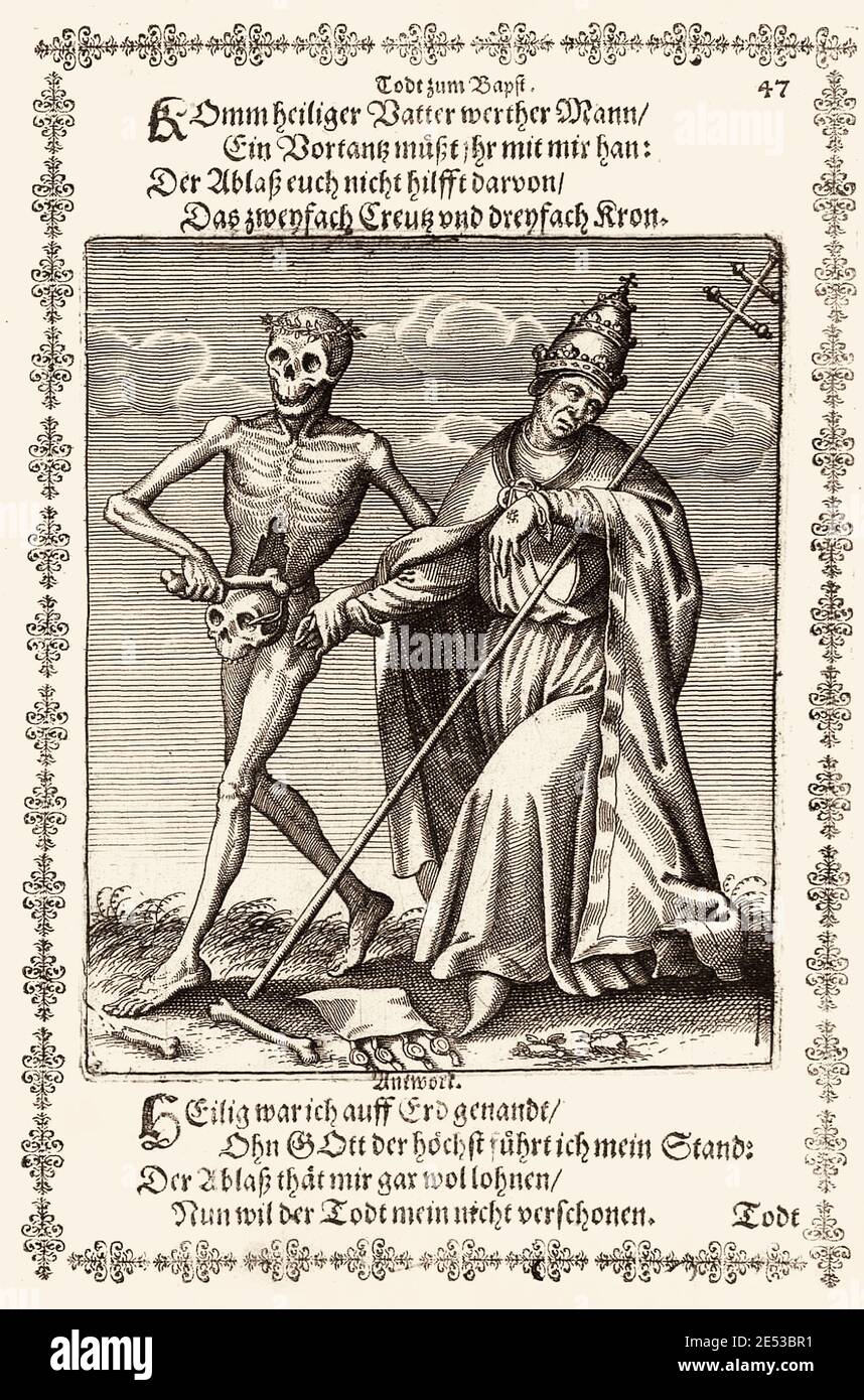 Il Papa dalla danza della morte di Basilea di Matthew Merian. Il Danse Macabre, chiamato anche Danza della morte, è un genere artistico di allegoria della la Foto Stock