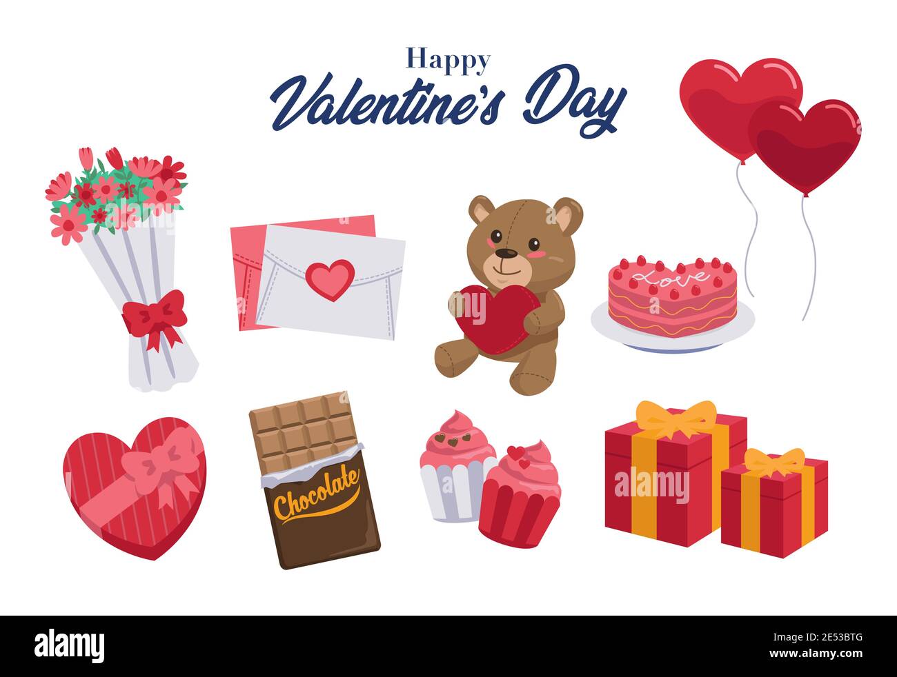 Una raccolta di regali che vengono spesso offerti durante il giorno di San Valentino, come orsacchiotti, cupcake, torte, carte, bouquet di fiori, cioccolato e palla Illustrazione Vettoriale