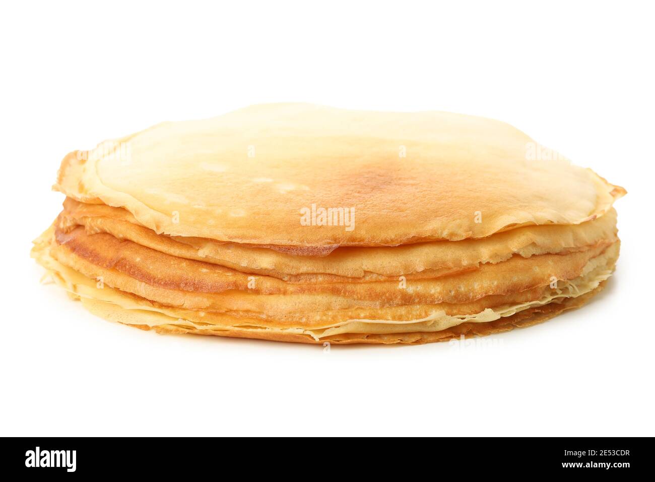 Gustosi pancake sottili isolati su sfondo bianco Foto Stock