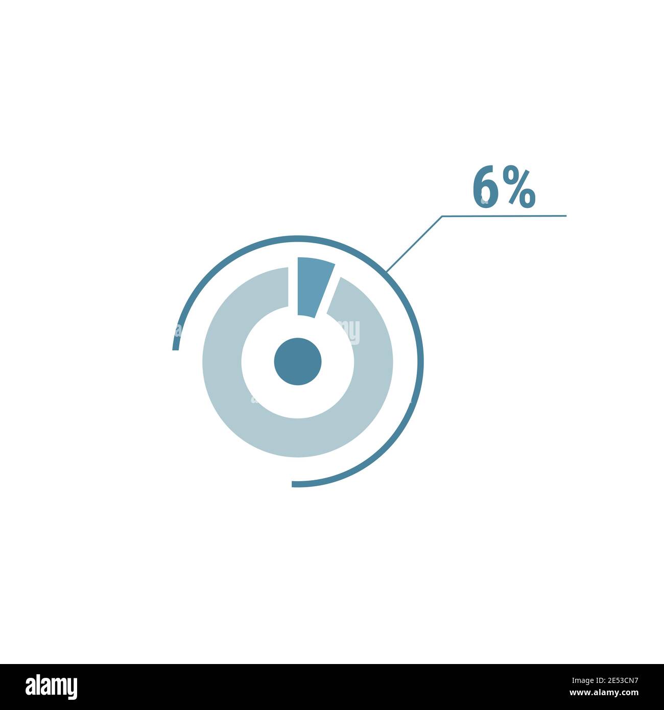 Diagramma circolare grafico a torta al sei percento 6. Diagramma vettoriale della percentuale del cerchio. Illustrazione vettoriale piatta per il design dell'interfaccia utente Web, sfondo blu su bianco. Illustrazione Vettoriale