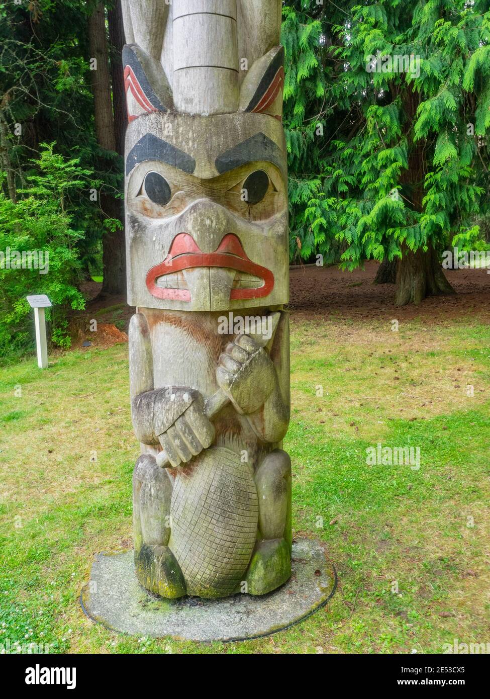 Totem pali (sono sculture monumentali, un tipo di arte della costa nord-occidentale, che consiste di pali, pali o colonne, scolpiti con simboli o figure. Sono u Foto Stock