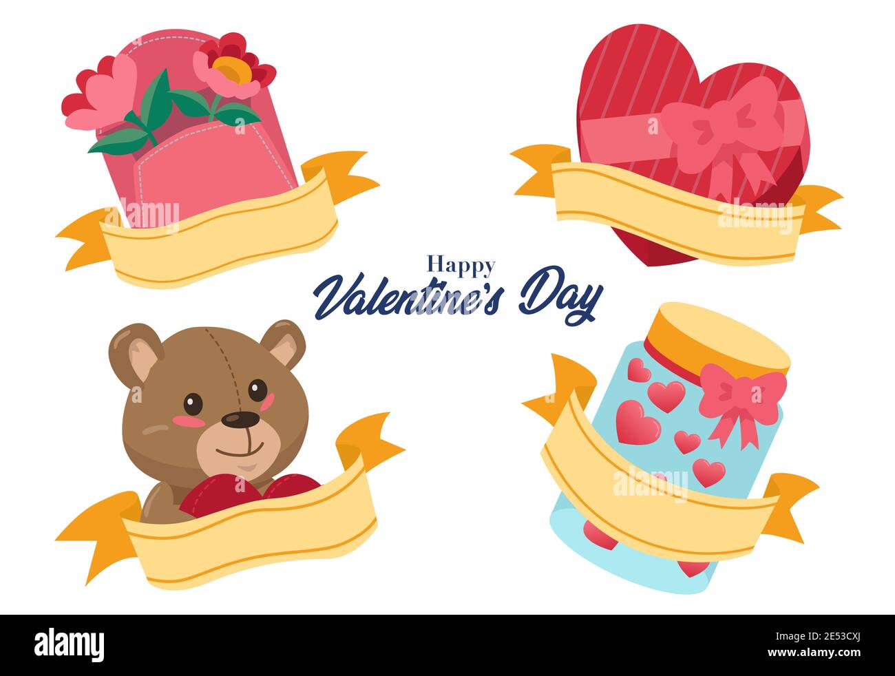 Una collezione di regali che vengono spesso offerti durante il giorno di San Valentino, come orsacchiotti, fiori e cioccolatini a forma di cuore Illustrazione Vettoriale