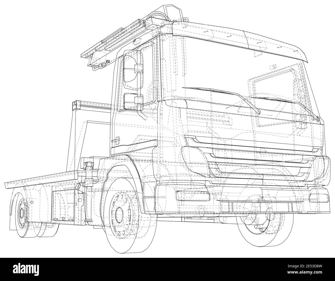 Autocarro di traino e auto di emergenza. Linea filo-telaio isolata. Rendering vettoriale di 3d Illustrazione Vettoriale