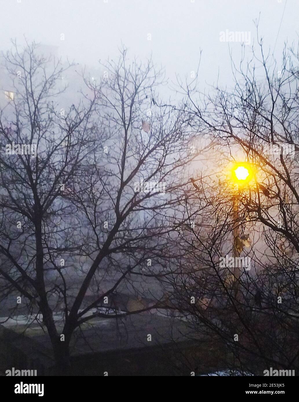 Serata nebbia alla periferia della città. Visualizza dalla finestra Foto Stock