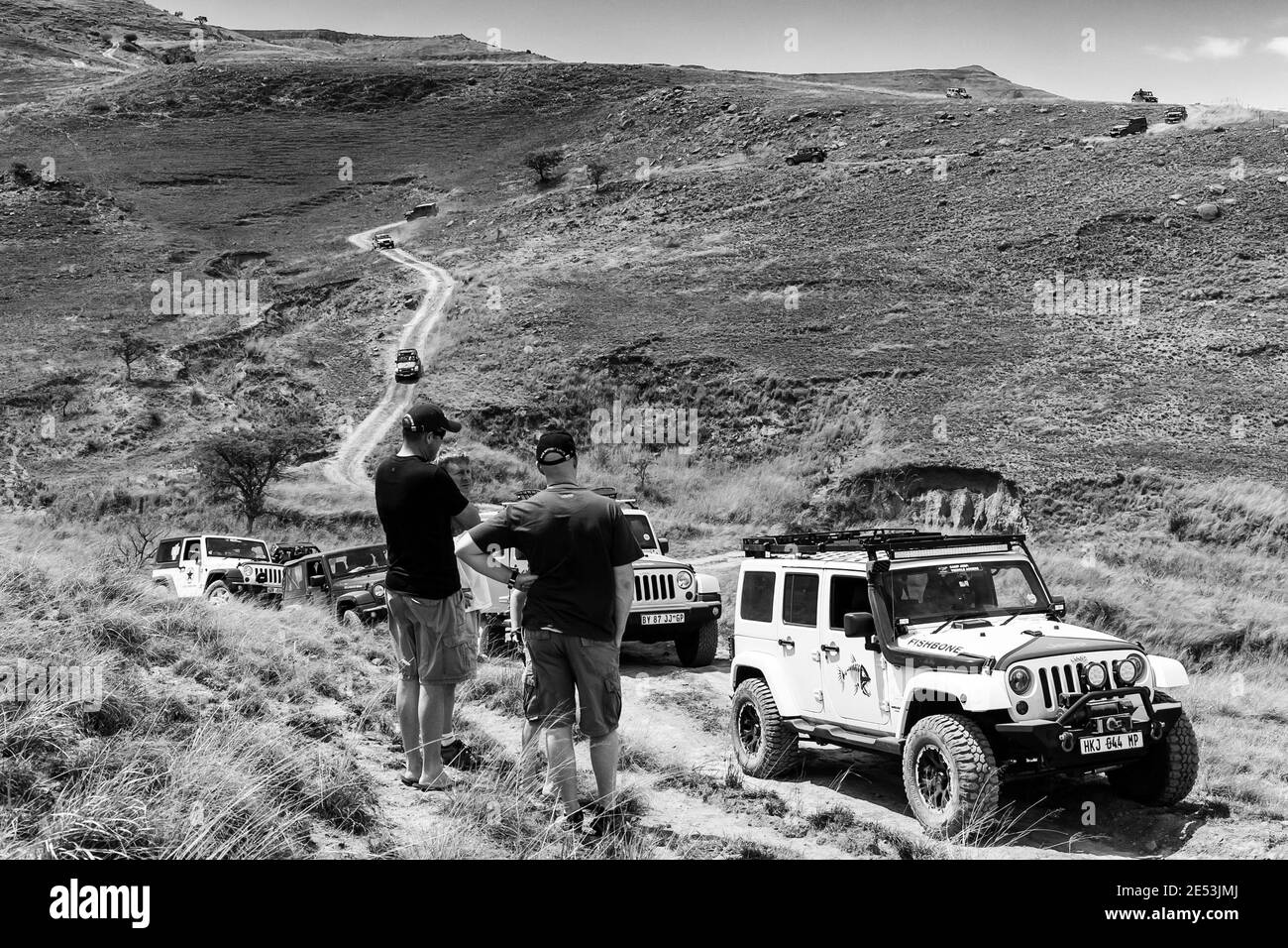 HARRIS, SUDAFRICA - 06 gennaio 2021: Harrismith, Sudafrica - 02 2015 ottobre: Addestramento del driver del percorso del Monte 4x4 al Camp Jeep nel Drakensberg Foto Stock