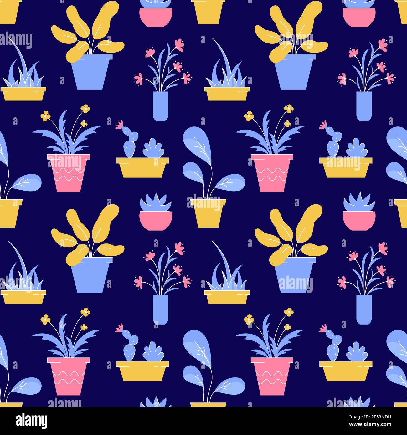 Houseplant modello senza giunture. Sfondo vettoriale con diverse piante in vaso e fiori. Illustrazione Vettoriale