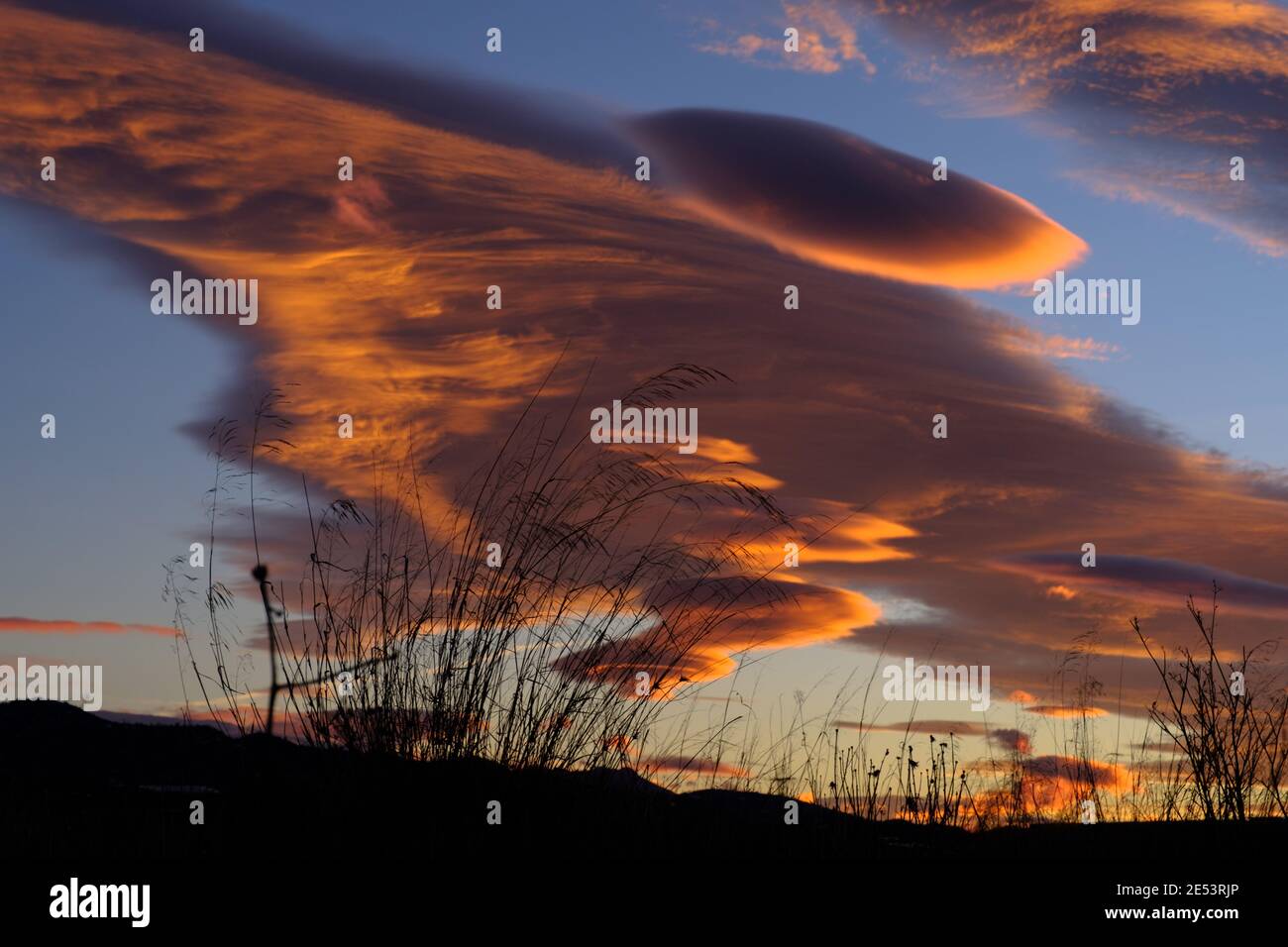 Nuvole lenticolari all'alba a Velez-Malaga, Axarquia, Malaga, Andalucía, Spagna Foto Stock