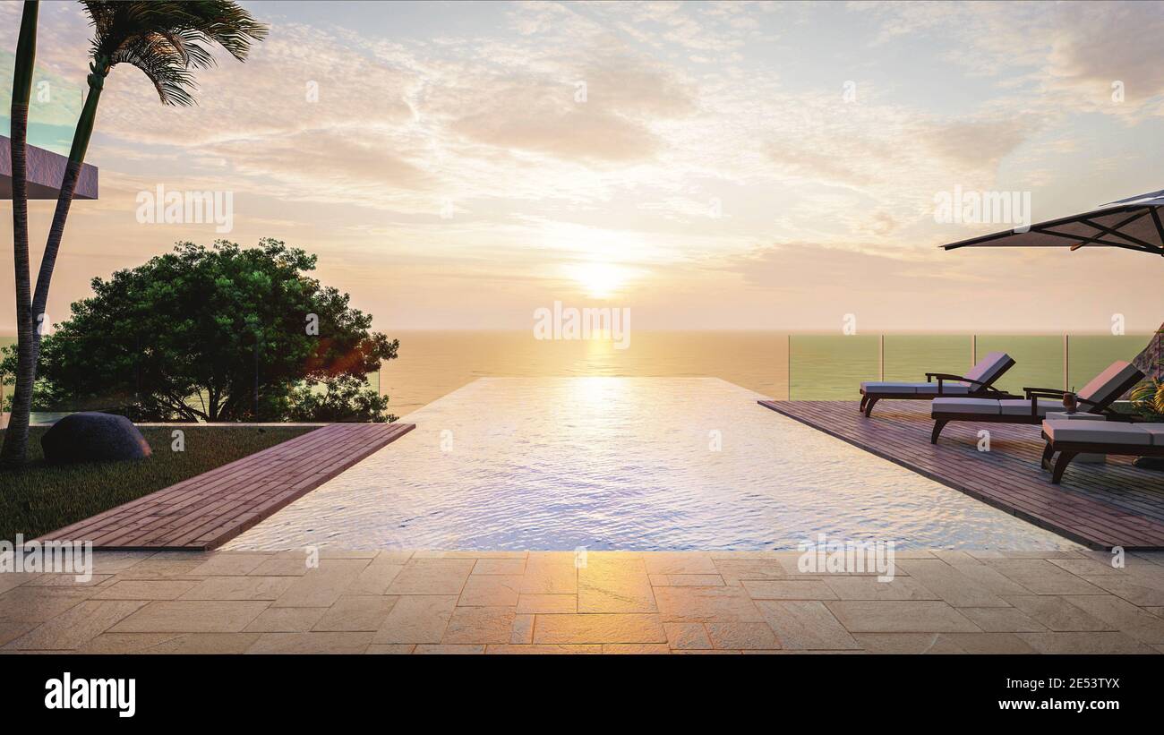 Estate, Beach lounge, terrazza con piscina sul mare con lounger in villa di lusso con vista panoramica sul mare al mattino, 3D rendering Foto Stock