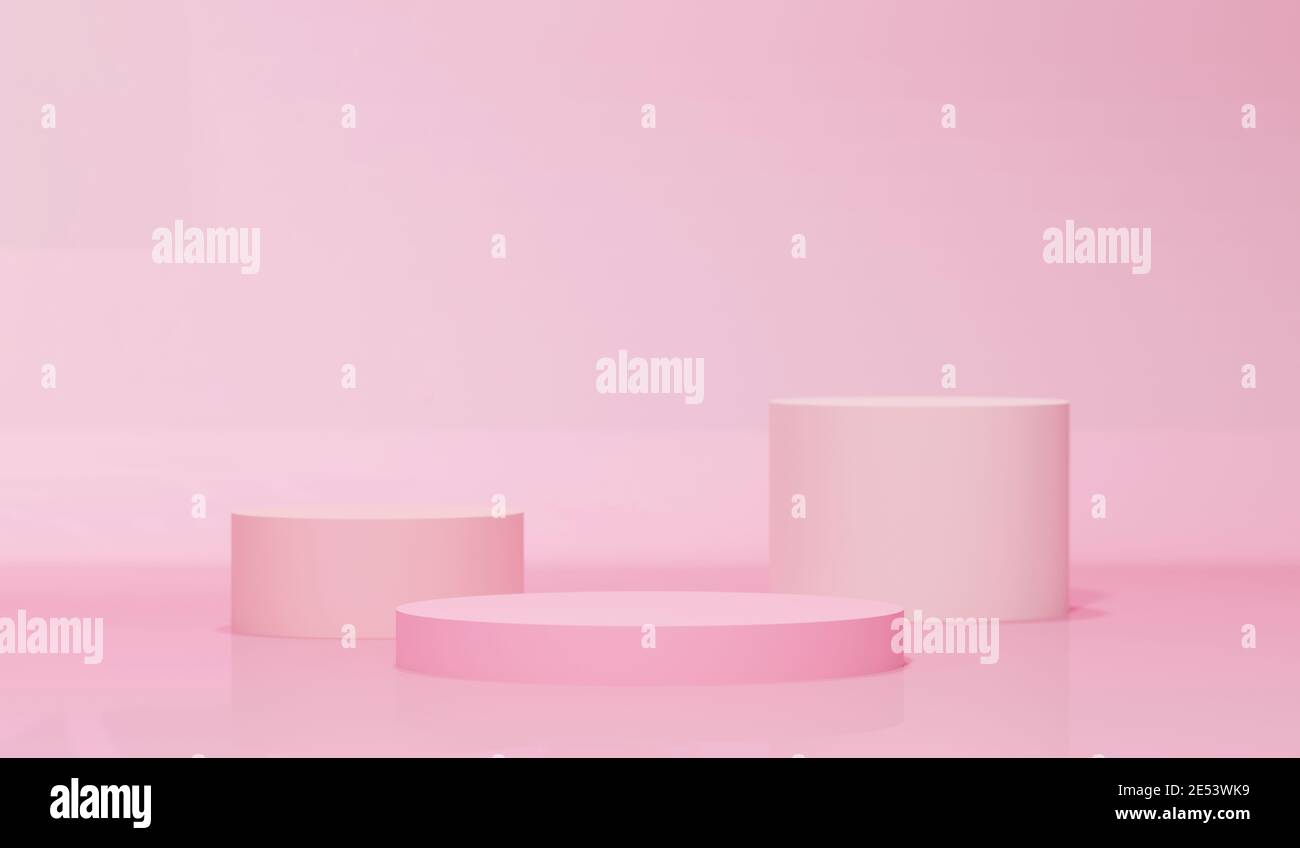 forma di presentazione con piedistallo circolare rotondo podio rosa per l'esposizione di prodotti su sfondo rosa, stand per la promozione del prodotto bann Foto Stock