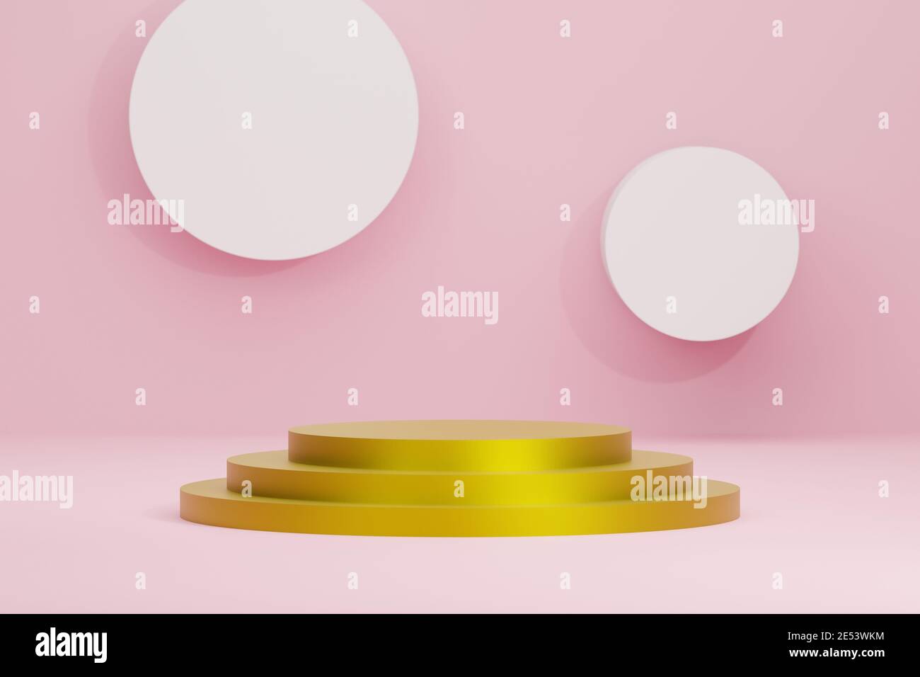 forma di presentazione con piedistallo circolare rotondo oro podio per esposizione prodotti su sfondo rosa, stand per la promozione del prodotto bann Foto Stock