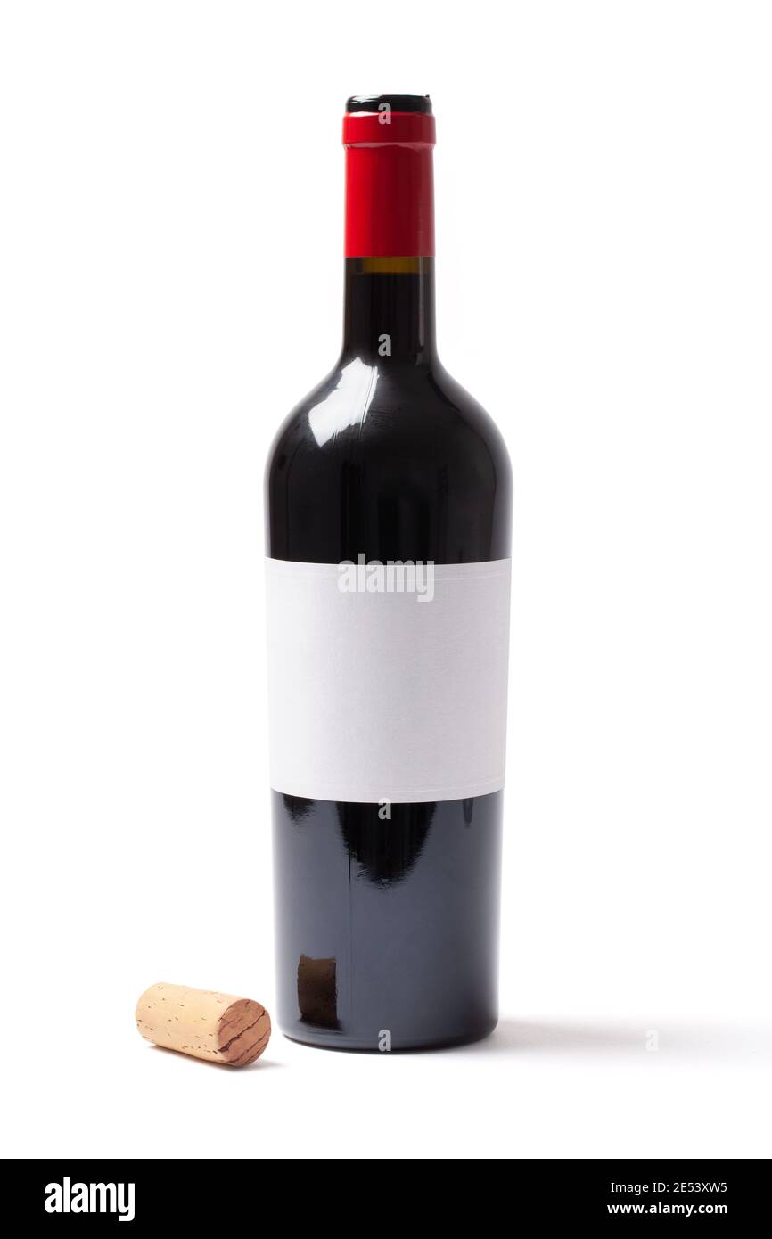 Aprire la bottiglia di vino rosso con un'etichetta bianca vuota e. sughero Foto Stock