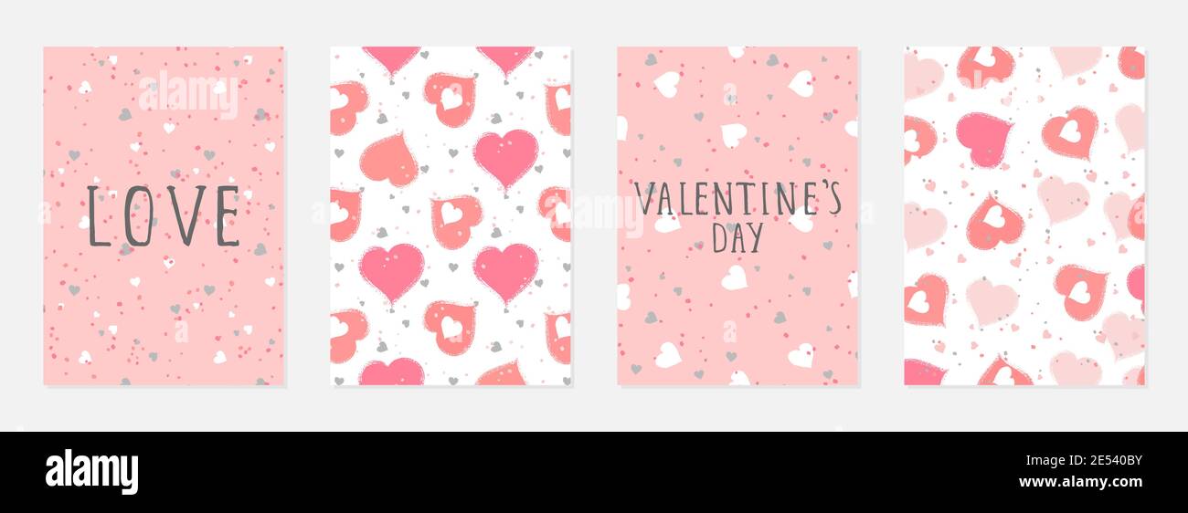 Carte San Valentino con cuori acquerelli, grunge elementi e scritte disegnate a mano. Sfondi vettoriali impostati. Illustrazione Vettoriale
