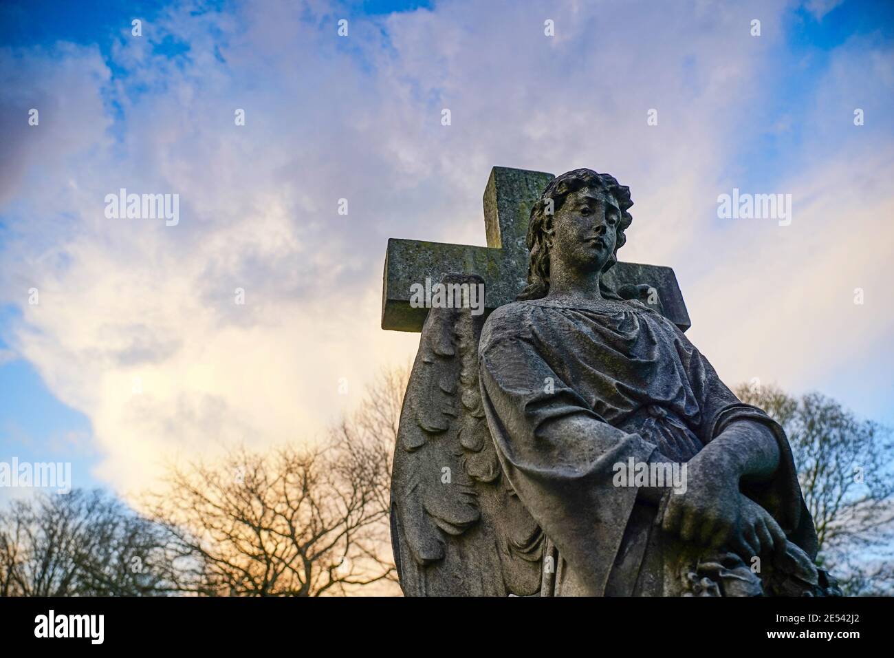 Una statua di un angelo nel cimitero di Westminster a Hanwell. Data foto: Sabato 23 gennaio 2021. Foto: Roger Garfield/Alamy Foto Stock