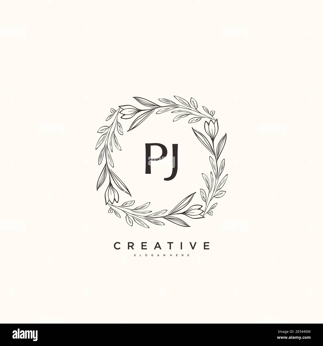 PJ Beauty vettoriale primo logo arte, calligrafia logo di firma iniziale, matrimonio, moda, gioielli, boutique, floreale e botanico con temp creativa Illustrazione Vettoriale
