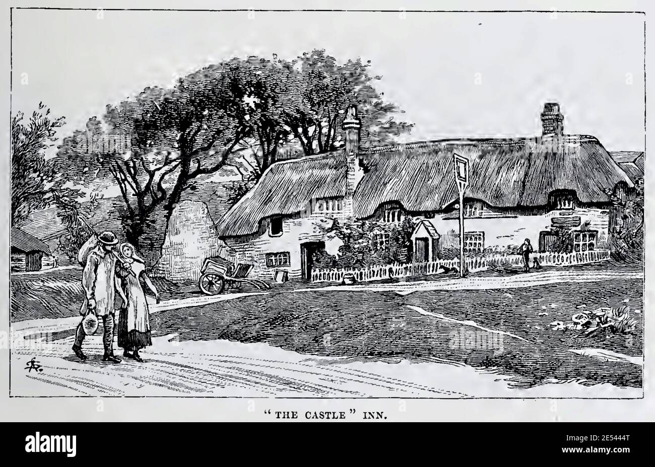 Una coppia tradizionale che passa davanti al pub tradizionale The Castle Inn, Lulworth, Dorset. Stampa storica del 1880 Foto Stock