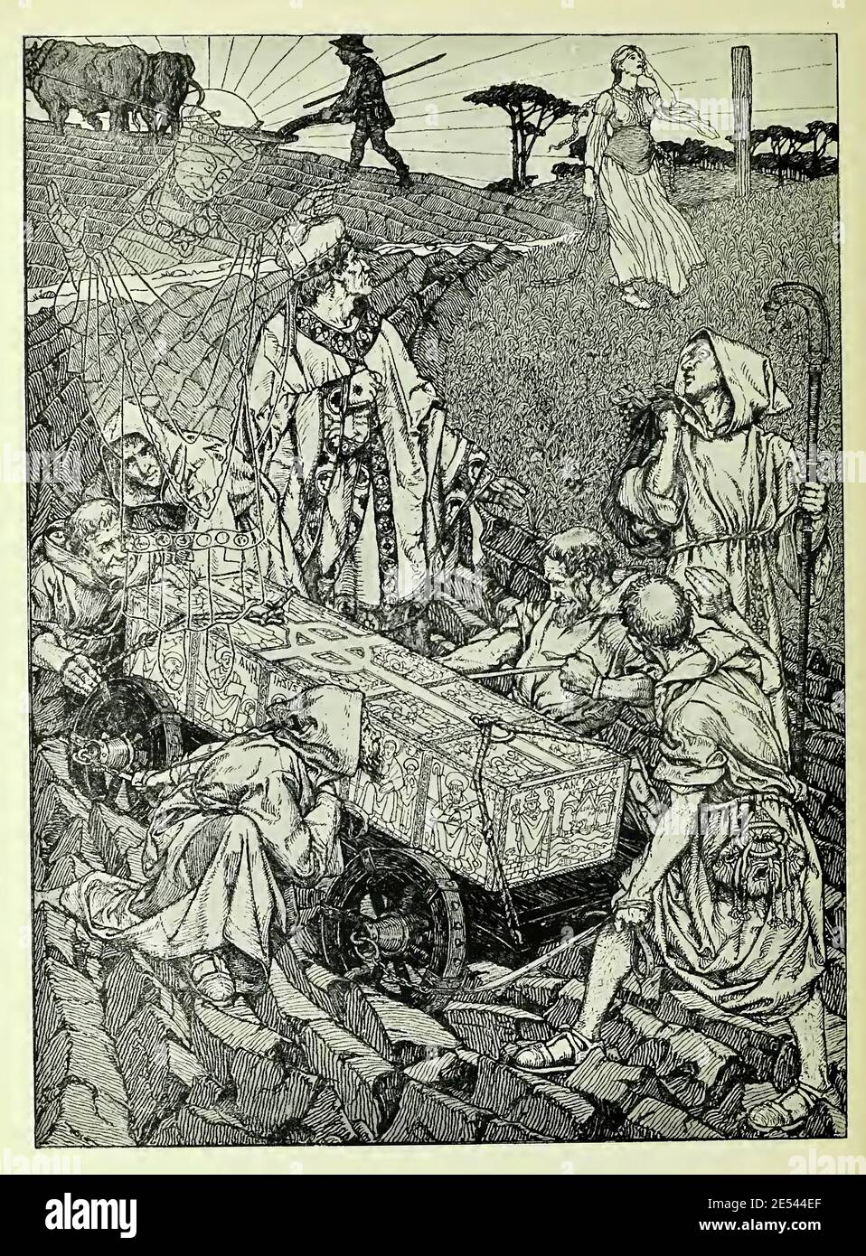 La leggenda di San Cuthbert di Robert Spence. Graveside scena con la donna piangente e l'aratro che lavorano su indipendentemente. Foto Stock