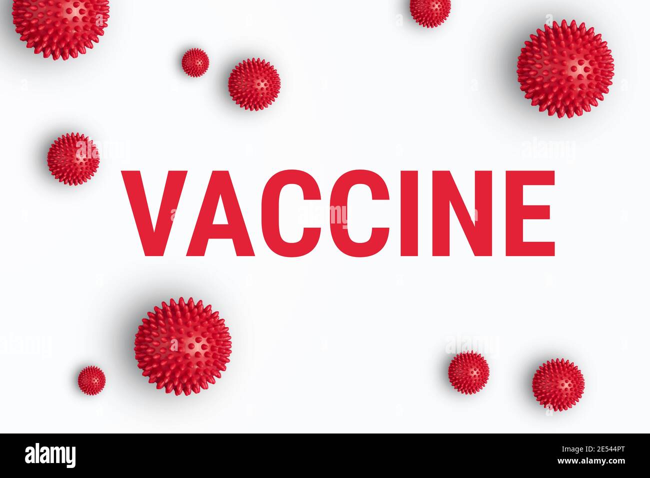 ISCRIZIONE VACCINO su sfondo bianco con astratto modello di ceppo Coronavirus. Sviluppo di COVID-19. Vaccino e vaccinazione mondiale dell'umanità Foto Stock