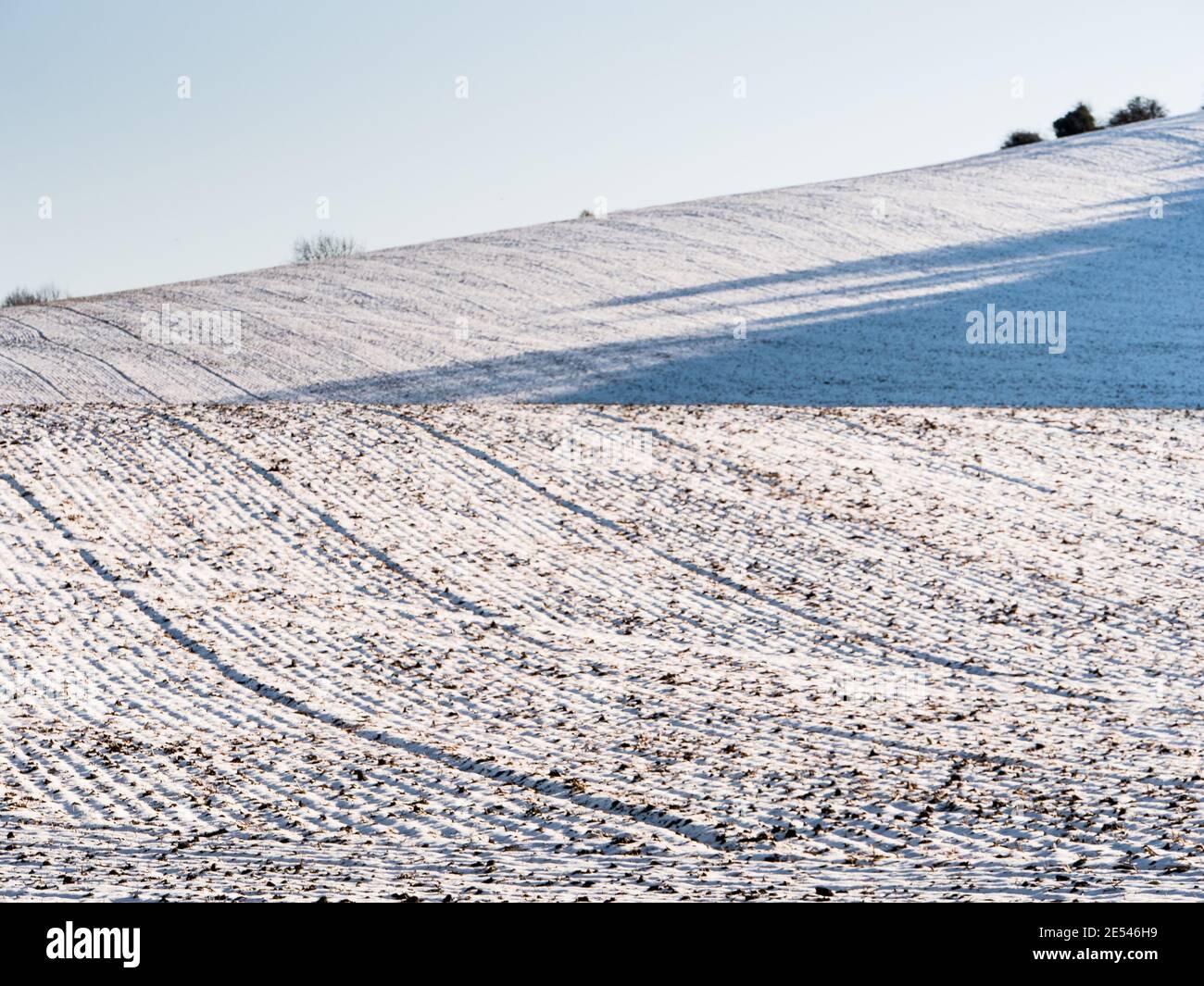 Campo innevato, arato vicino a Bratton, Wiltshire, Inghilterra. Foto Stock