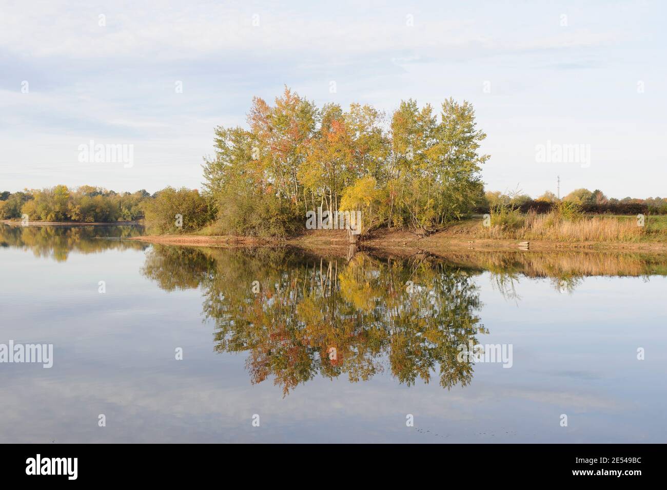 Una bella luce inonda il paesaggio. Gli alberi sulla riva, il cui fogliame è colorato in colori autunnali, si riflettono nelle acque calme. Foto Stock