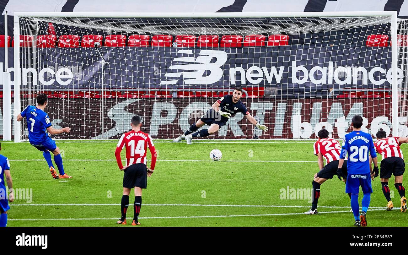 Jaime Mata di Getafe perde una pena, Unai Simon del Club Atletico durante il campionato spagnolo la Liga partita di calcio tra Athletic Club e Getafe CF il 25 gennaio 2021 allo stadio San Mames a Bilbao, Spagna - Foto Inigo Larreina / Spagna DPPI / DPPI / LiveMedia Foto Stock