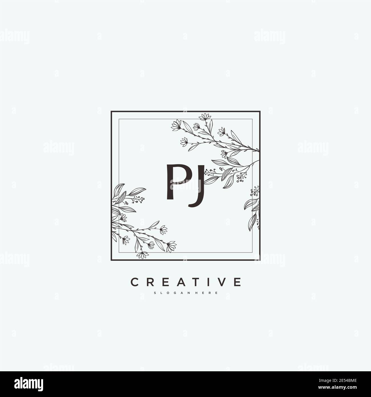 PJ Beauty vettoriale primo logo arte, calligrafia logo di firma iniziale, matrimonio, moda, gioielli, boutique, floreale e botanico con temp creativa Illustrazione Vettoriale