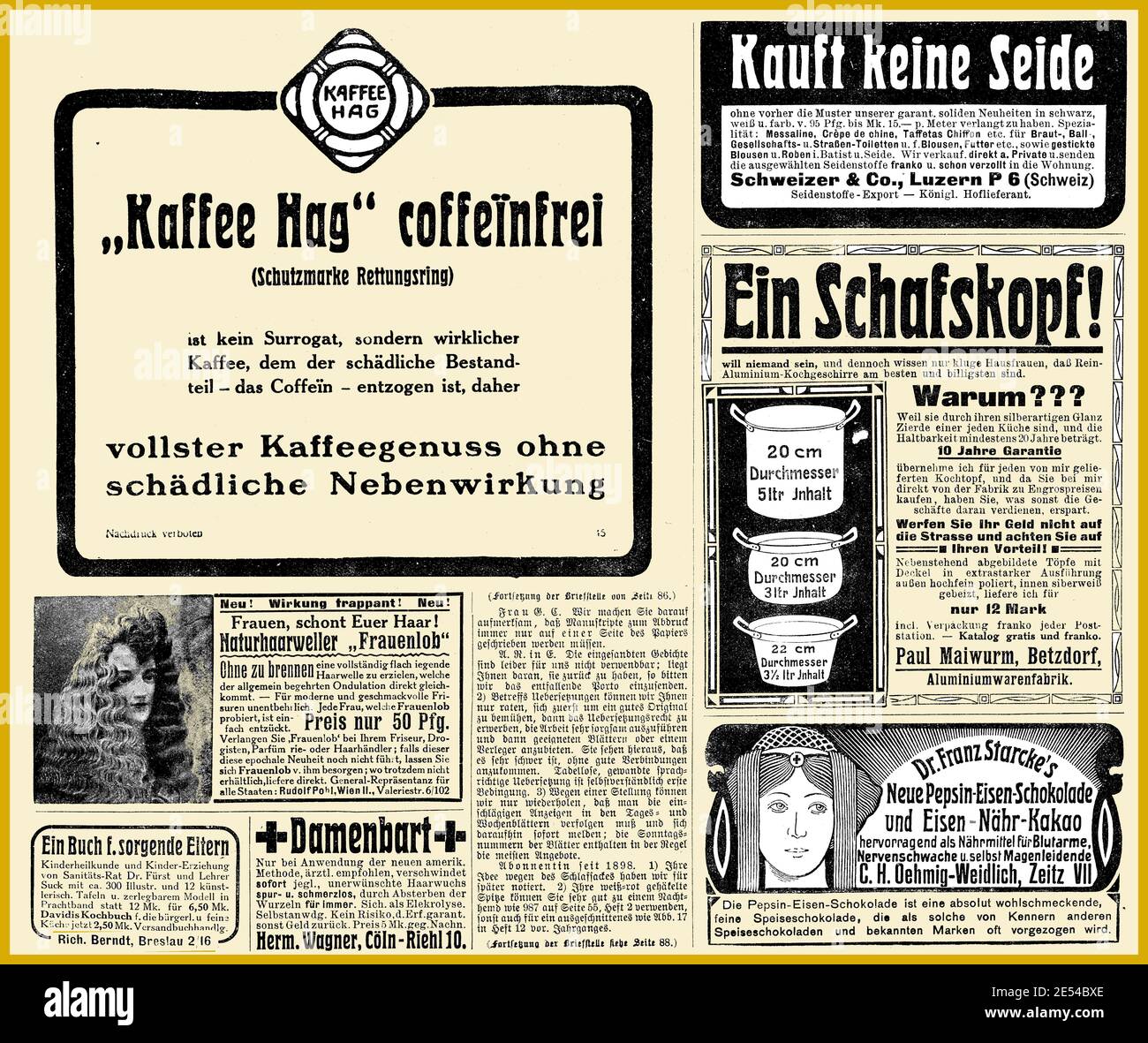 Pubblicità commerciale pagina in tedesco con molti banner promozionali e. Vignette datate 1908 dalla rivista Deutsche Moden Zeitung Foto Stock