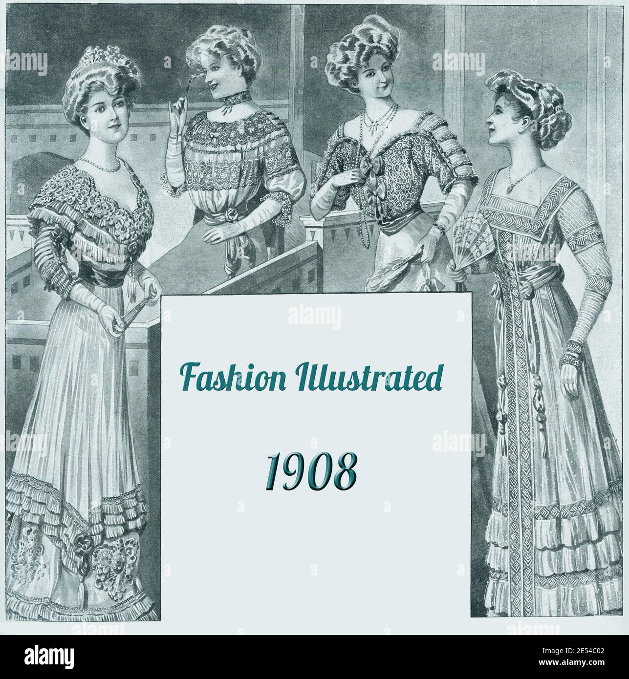 Ladies Fashion 1908, linee lunghe ed eleganti con corsetta per ottenere una figura a vita stretta con petto pieno, completata da Gibson ragazza acconciatura, lacci e frillette Foto Stock