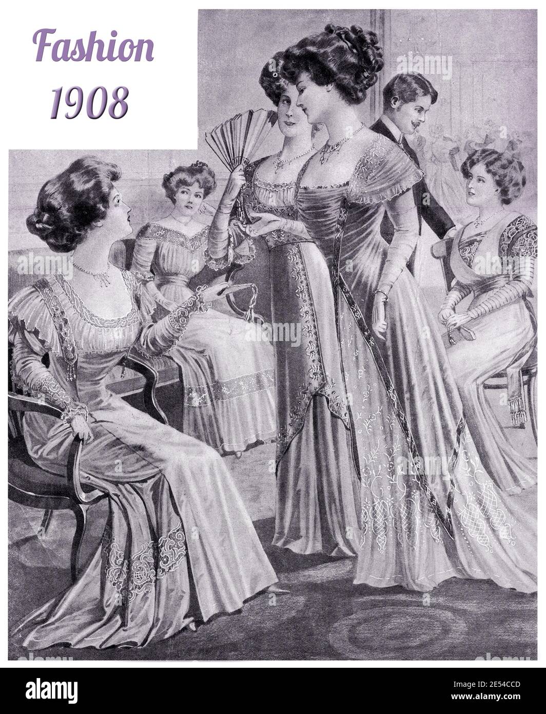 Ladies Fashion 1908, linee lunghe ed eleganti con corsetta per ottenere una figura a vita stretta con petto pieno, completata con pettinatura Gibson girl, lacci e raso Foto Stock