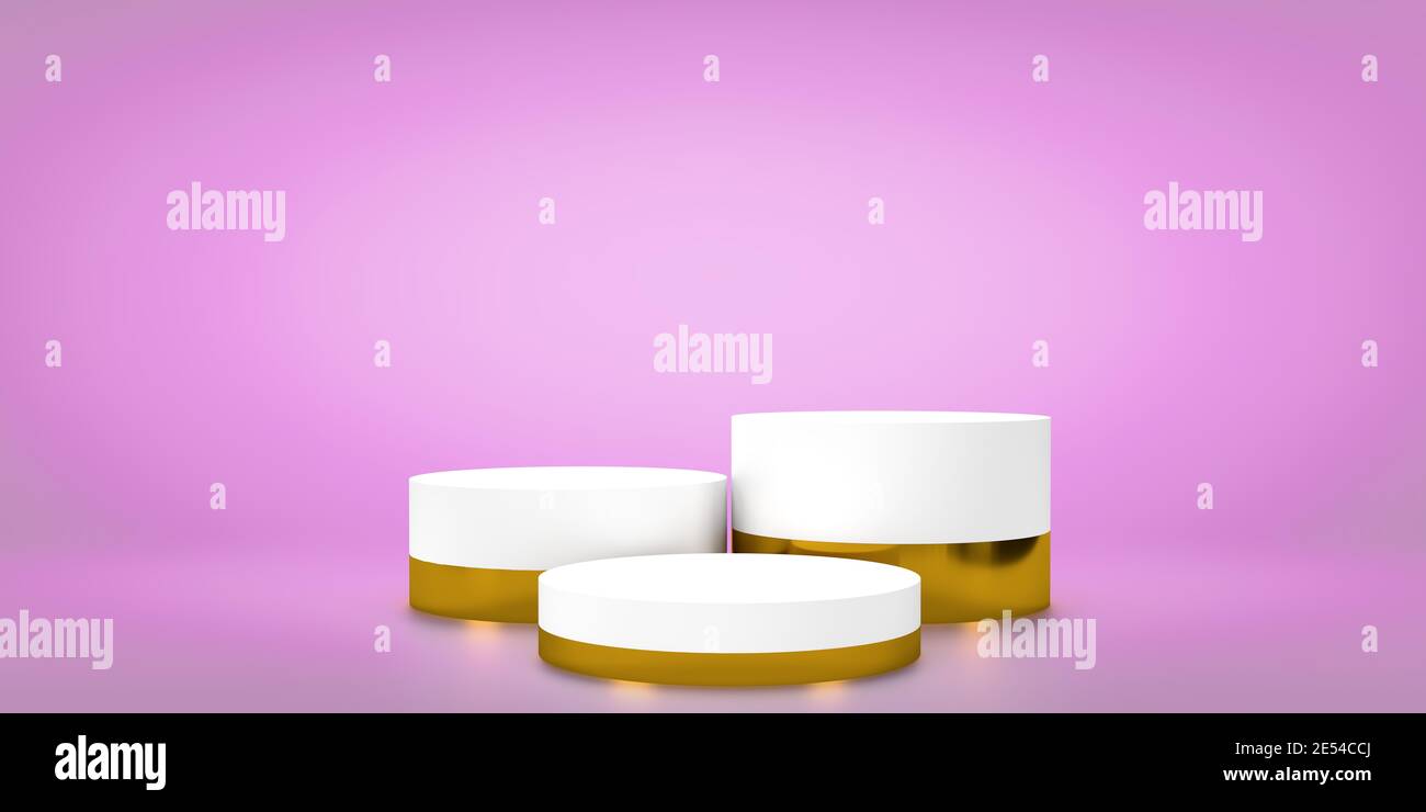 Scenografia geometrica dello studio con tre forme di podio a fasi. Piedistallo vuoto per showroom. Composizione minimalista della piattaforma in Vector Illustration. Rendering 3D Foto Stock