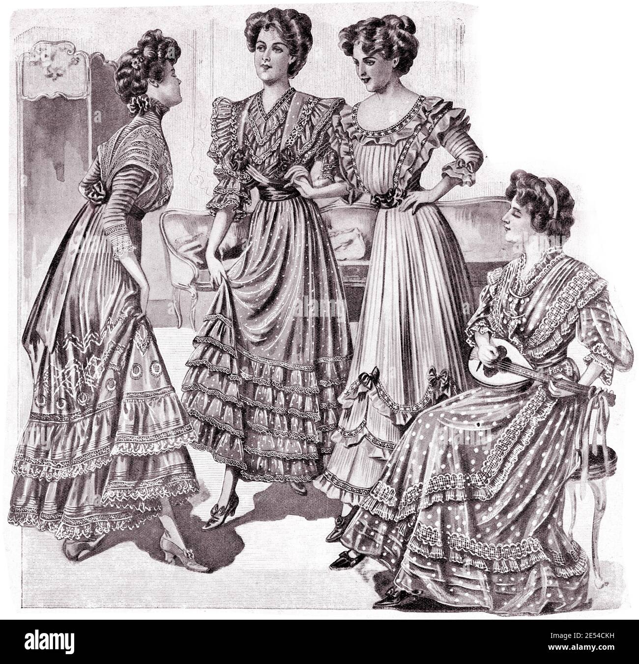 Ladies Fashion 1908, linee lunghe ed eleganti con corsetta per ottenere una figura a vita stretta con petto pieno, completata da Gibson ragazza acconciatura, lacci e frillette Foto Stock