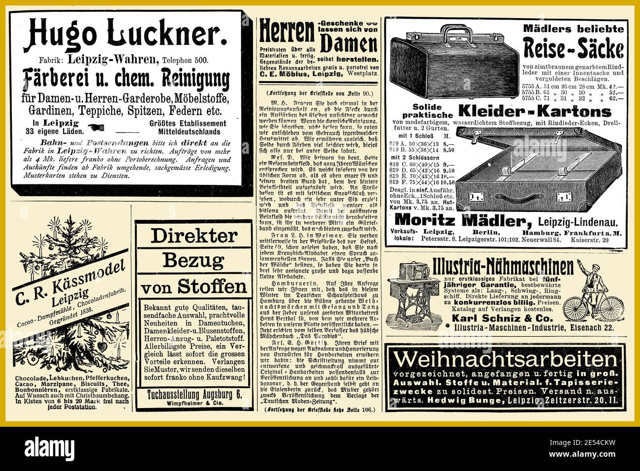 Pubblicità commerciale pagina in tedesco con molti banner promozionali e. Vignette datate 1908 dalla rivista Deutsche Moden Zeitung Foto Stock