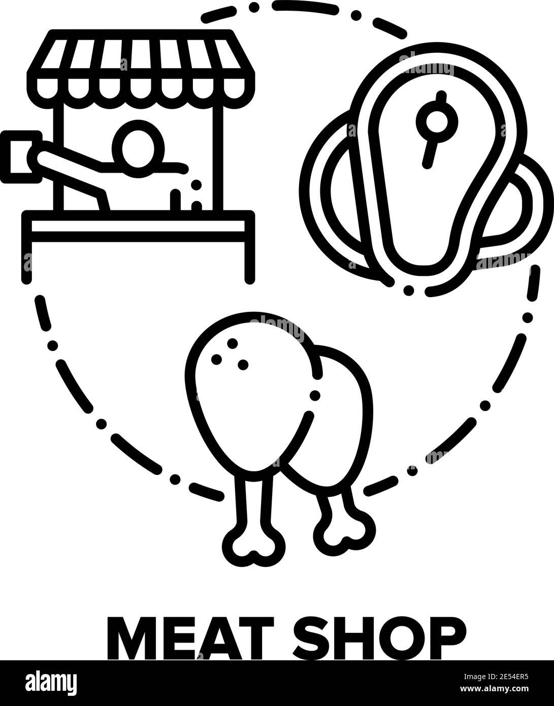 Negozio di carne Vendita Vector Concept Black illustrazioni Illustrazione Vettoriale