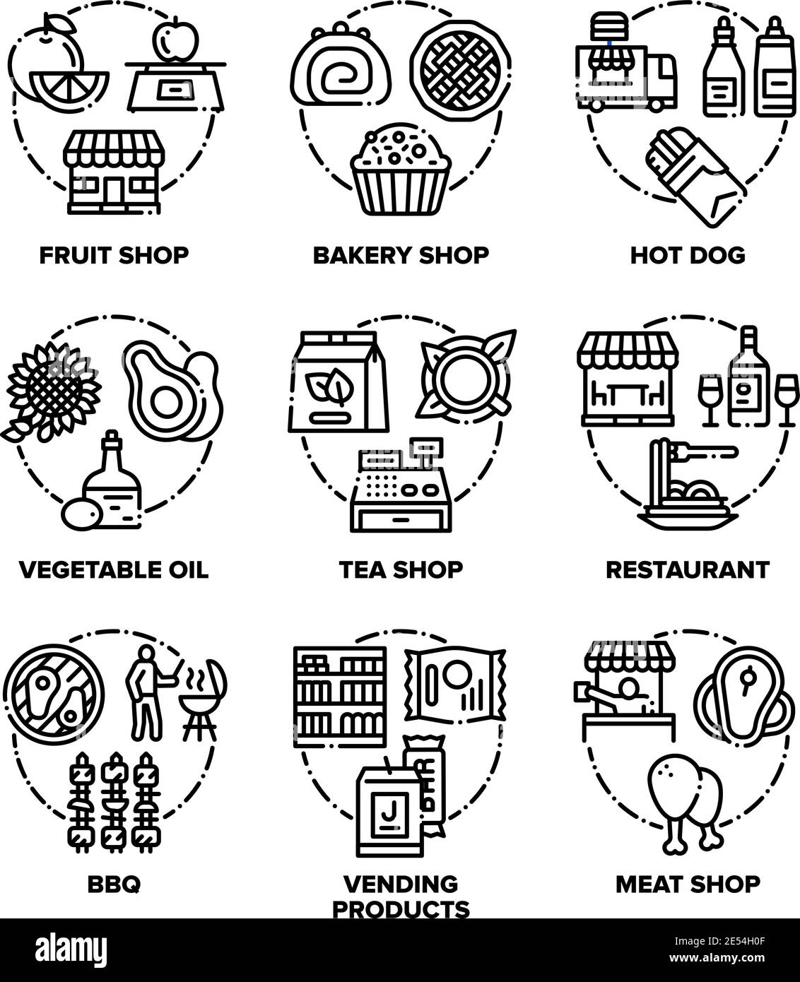 Icone del set per cibo e pasti illustrazioni Vector Black Illustrazione Vettoriale