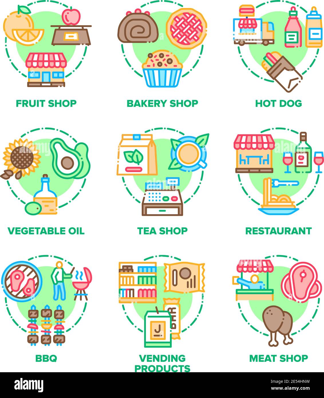 Icone del set per cibo e pasti illustrazioni dei colori vettoriali Illustrazione Vettoriale