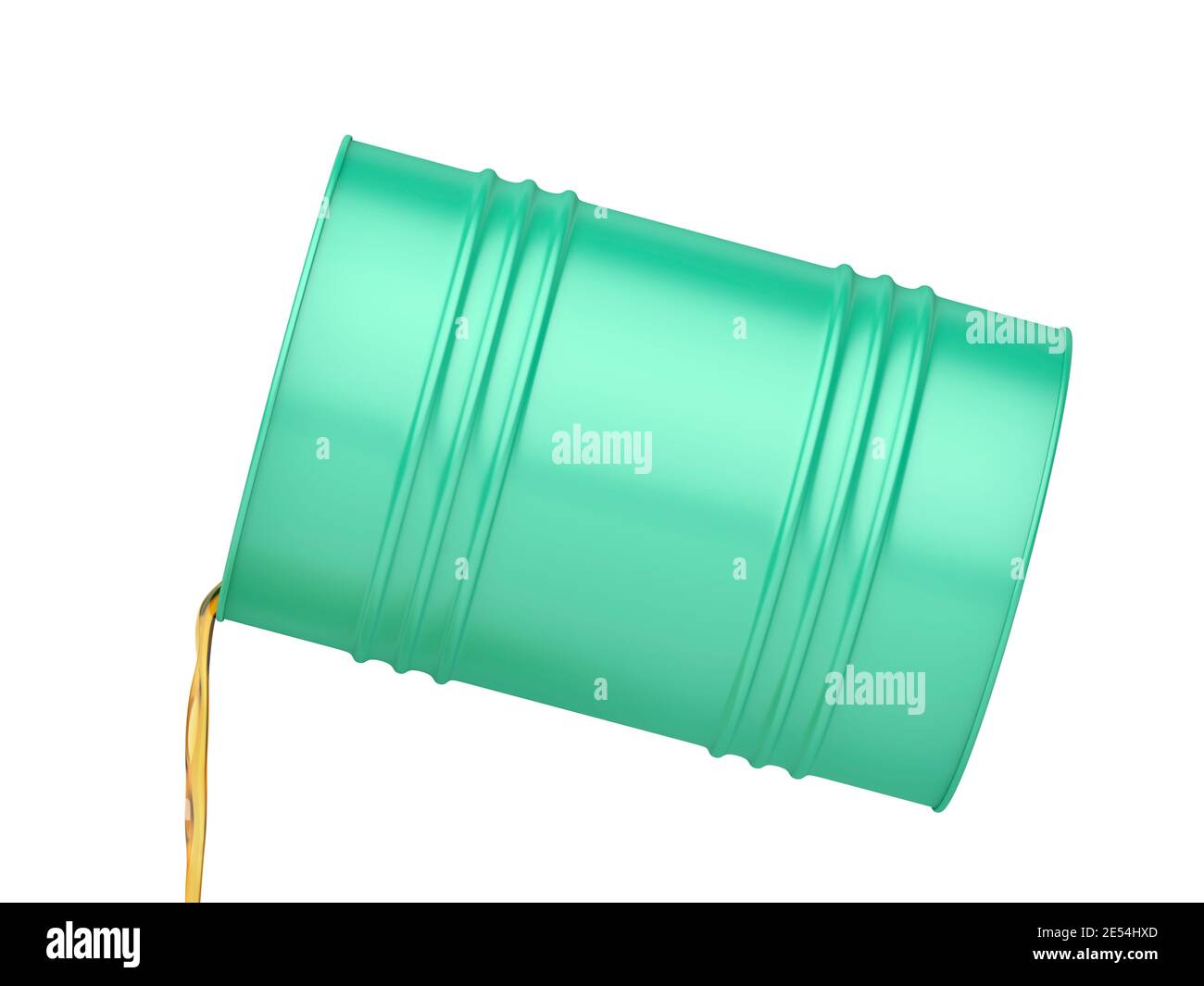 Versamento dell'olio motore dal tamburo metallico, isolato su fondo bianco Foto Stock