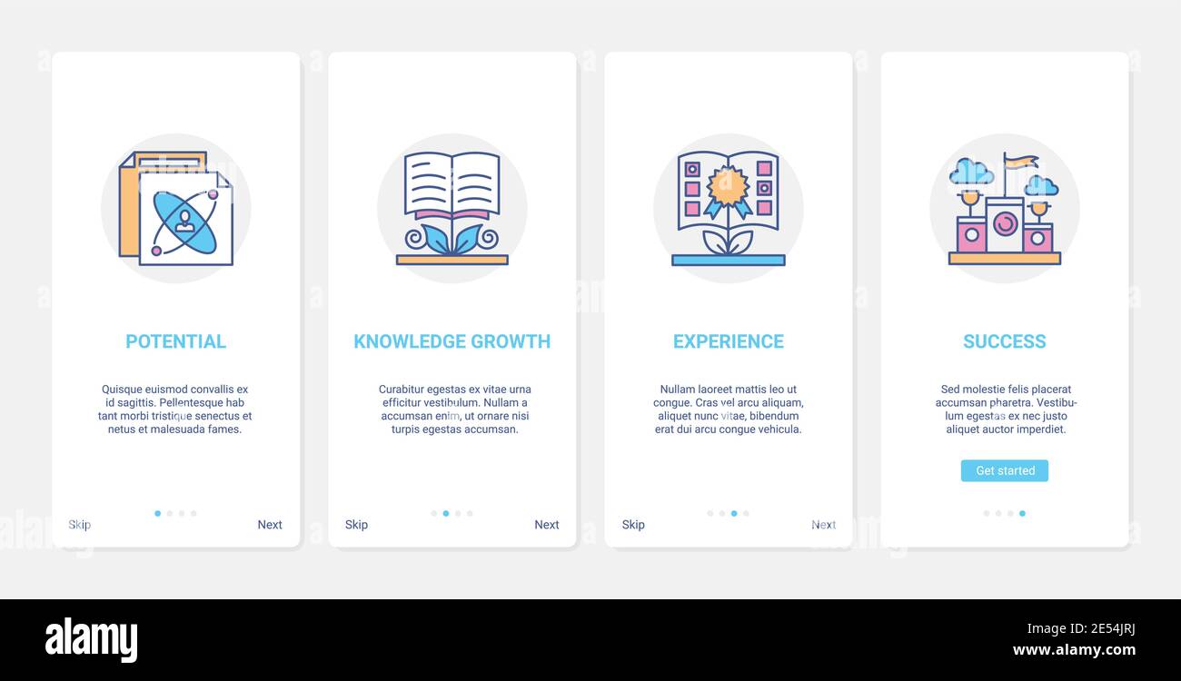 Conoscenza aziendale, illustrazione vettoriale del concetto di istruzione. UX, UI onboarding mobile app page set con la crescita di linea successo potenziale carriera uomo d'affari, esperienza, successo simboli astratti Illustrazione Vettoriale