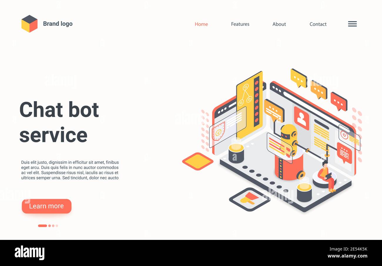 Illustrazione vettoriale isometrica del concetto di servizio bot di chat. Supporto virtuale per i chatbot 3D di Cartoon, persone che chiacchierano con i robot ai, consulenza in dialogo, landing page della tecnologia futuristica digitale Illustrazione Vettoriale