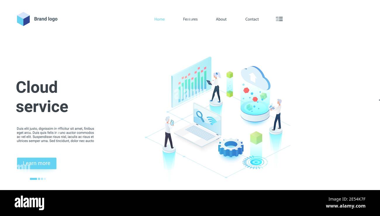 Illustrazione vettoriale isometrica del servizio tecnico cloud. Cartoon 3d minuscoli personaggi di uomini d'affari lavorano con i dati, lavoro di squadra per analizzare le informazioni di report. Landing page sulla tecnologia virtuale aziendale Illustrazione Vettoriale