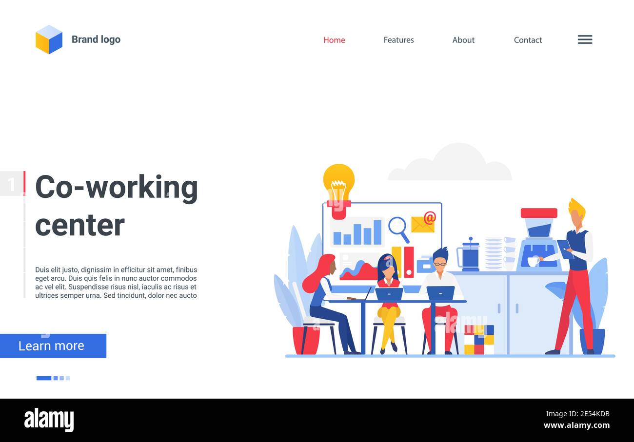 Spazio di lavoro CO, le persone lavorano in ufficio, illustrazione vettoriale. Cartoon Employee Characters meeting, lavorare con i laptop nello spazio di lavoro del centro di lavoro, landing page piatta per le comunicazioni aziendali Illustrazione Vettoriale