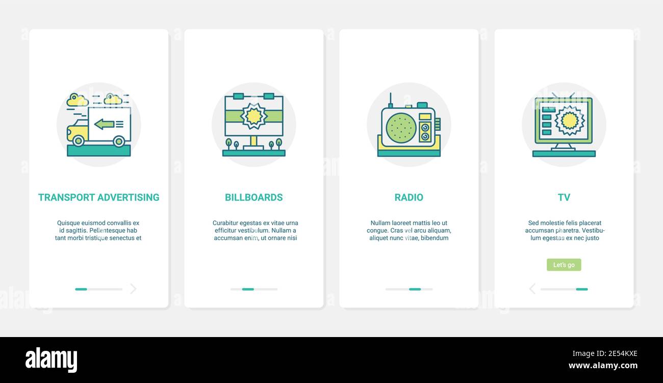 Illustrazione vettoriale della tecnologia di pubblicità dei mass media. UX, UI onboarding mobile app page screen set con line radio tv pubblicità su trasporto affissione promozione per pubblicizzare prodotti e servizi Illustrazione Vettoriale