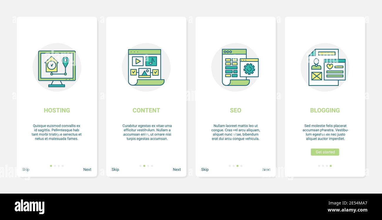 Illustrazione vettoriale della promozione della tecnologia dei media digitali. UX, UI onboarding mobile app page set con line hosting, promo blog contenuti nei social media, seo analisi e parole chiave blogging simboli Illustrazione Vettoriale